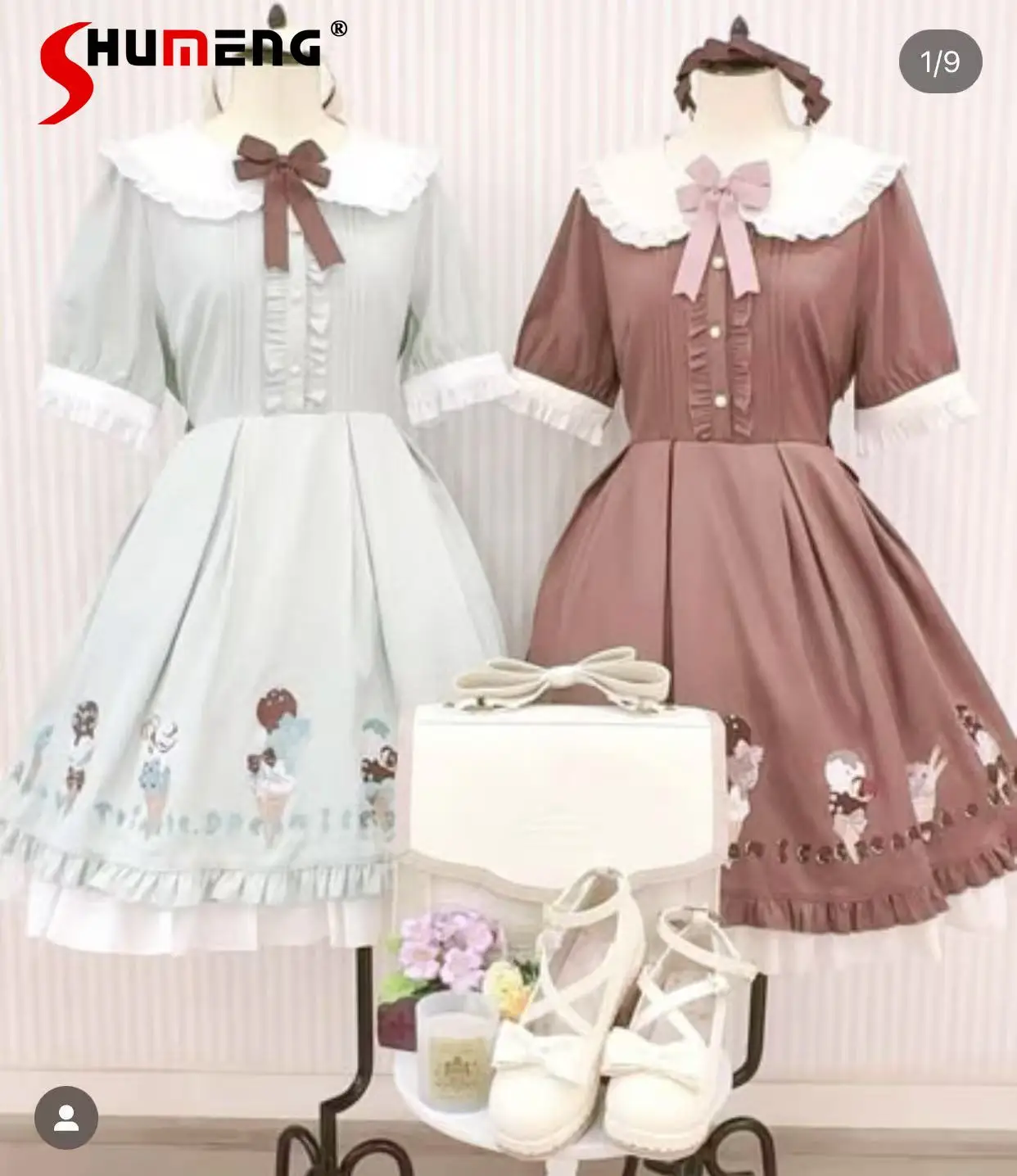 

Japanese Elegant Sweet Cute Doll Collar Bubble Sleeve Embroidery Single-Breasted High Waist Lace-up A-line Short Dresses Women