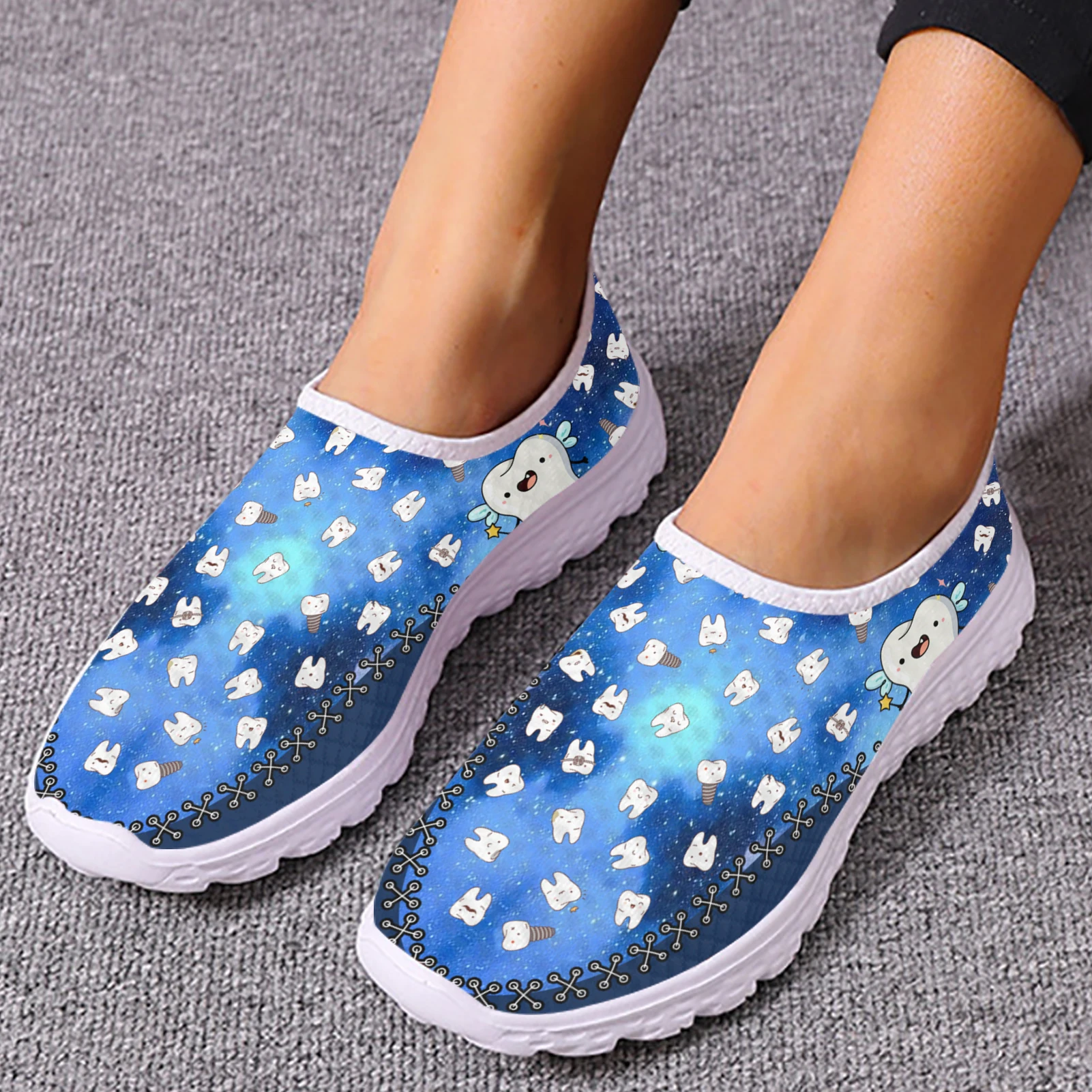 INSTANTARTS Blue Star Cartoon Teeth Design Lightweight Breathable Mesh Shoes Soft Comfortable Apartment Shoes Walking Shoes