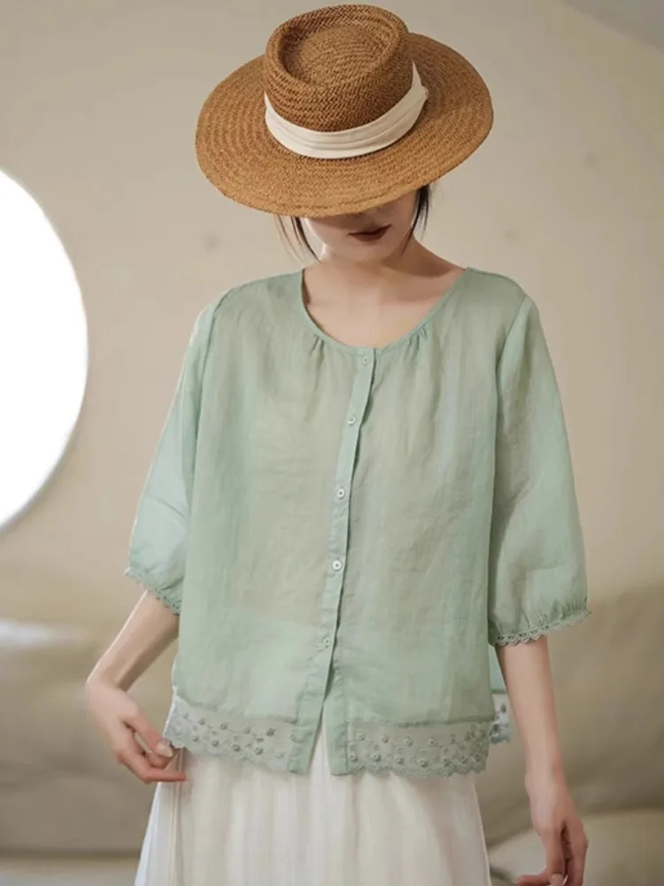 Retro Lace Trim Linen irt Women Summer Loose Thin Seven Sve Zen Sle Cotton Blend Regular Fit round Ne Button up Top
