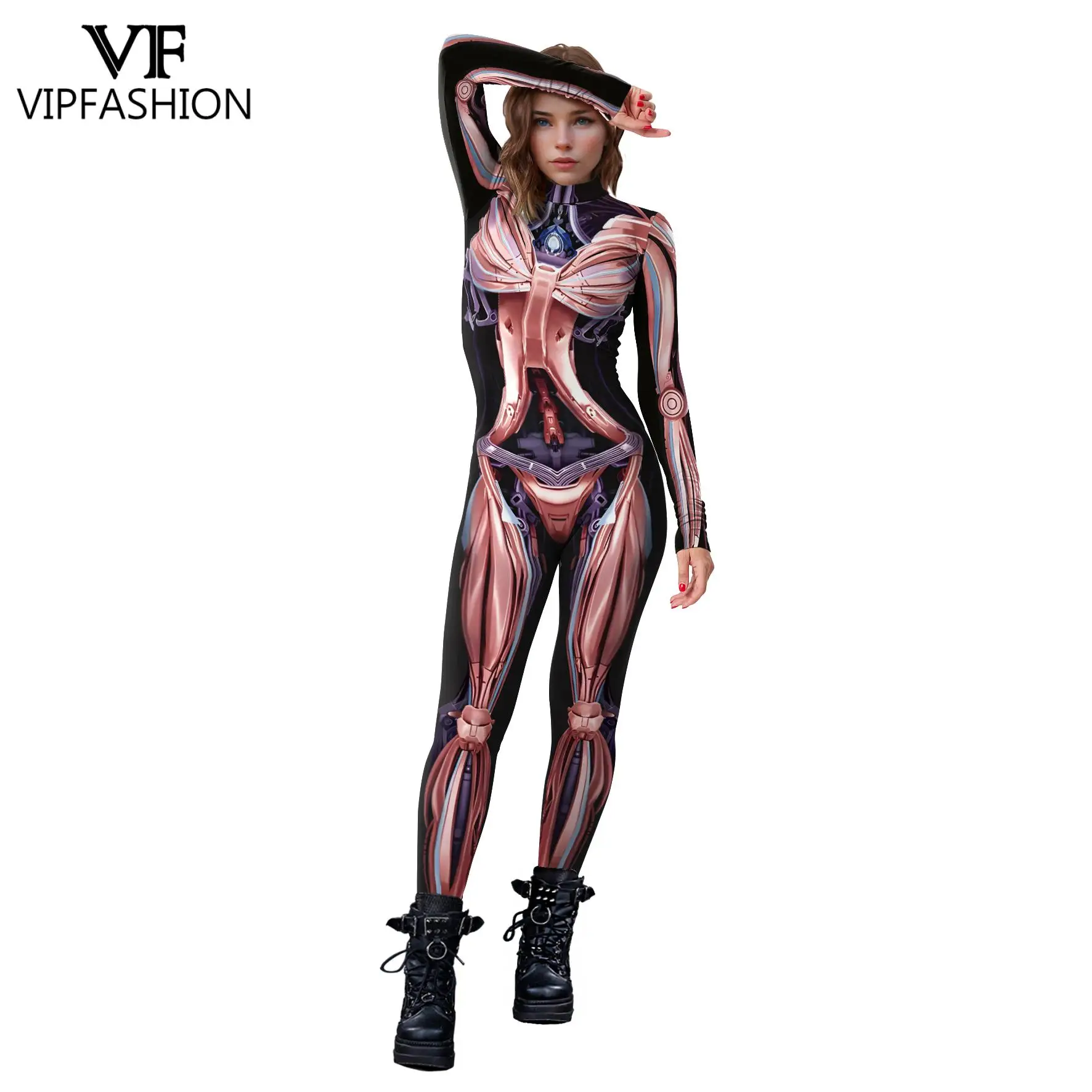 VIP FASHION Woman Punk Costume Robot Skeleton Pattern Jumpsuit Halloween Party Clothes Elastic Sexy Zentai Suit Fitness Outfit