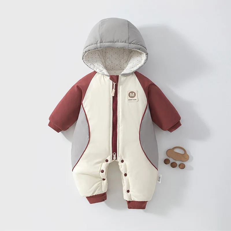 冬用ベビーロンパース、厚手で暖かいジャンプスーツ、新生児用、フード付き、雪遊び用、ダブルジッパー、綿入り、防寒着、男女兼用、0～18ヶ月。