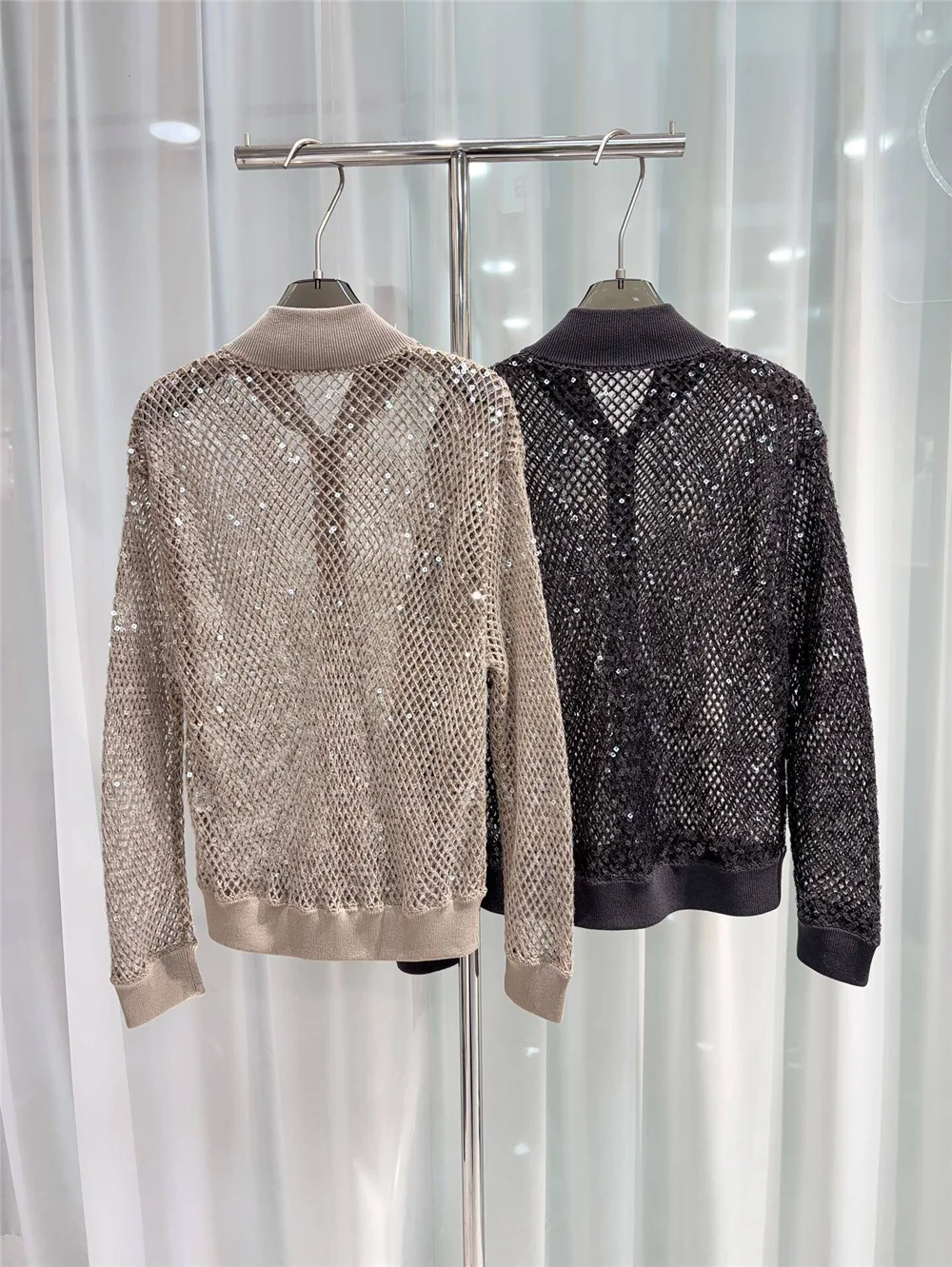 Women Summer Linen Cardigan Jacket Sparkling Sequined Knitted Zipper Top