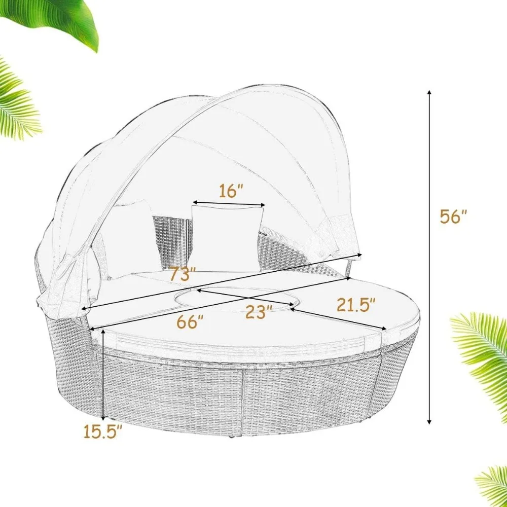 Patio Round Daybed with Retractable Canopy,Outdoor Wicker Rattan Furniture Sets,Sectional Cushioned Sofa Set w/Height Adjustable