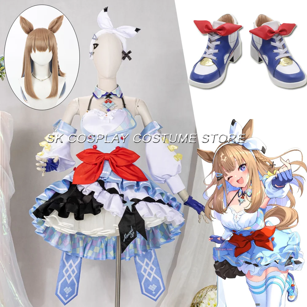 Umamusume Pretty Derby Amandel Eye Cosplay Kostuum Volledige Set Jurk Hoofddeksels Haarspeld Bruine Synthetische Pruik Voor Vrouwen Halloween Party - afbeelding 2