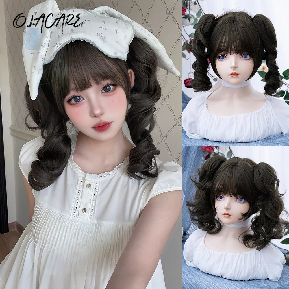 

Synthetic Curly Wavy Wigs with Bangs Long Silky Ponytail Heat Resistant Fiber Hair Full Machine Wig Cosplay Party Wig For Women