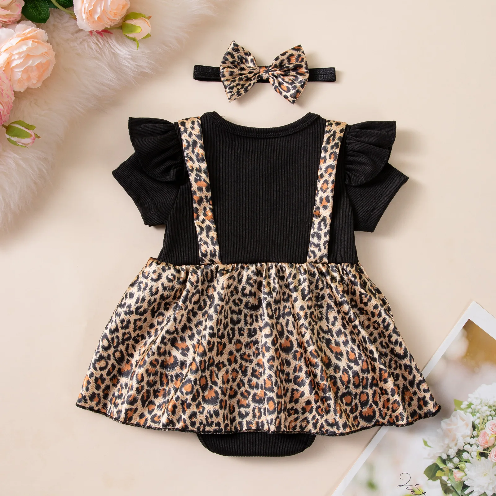 Baby summer clothing female treasure leopard print splicing bow headband two-piece set baby year-old photo princess dress