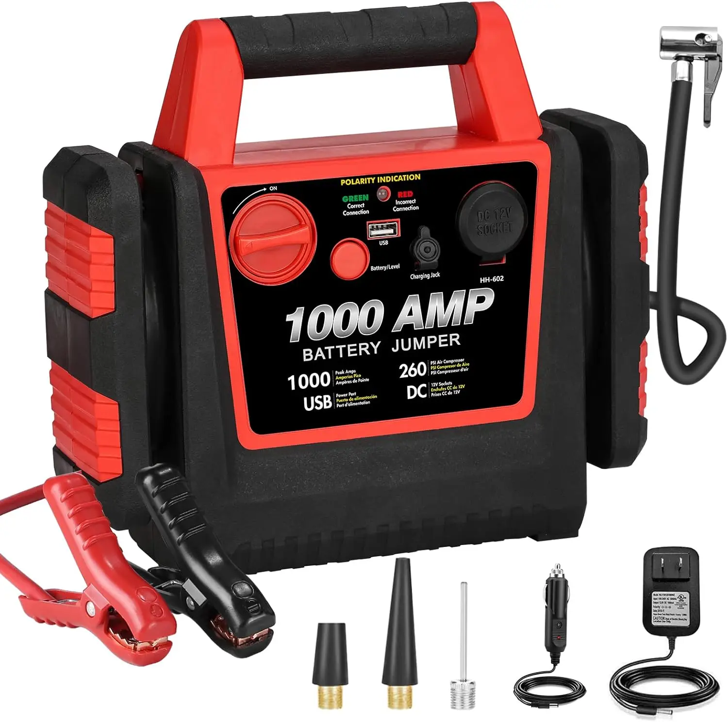 

Car Battery Jump Starter 1000Amp 12V Lead Acid Battery Jump Box with 260PSI Air Compressor 10000 mAh Portable Power Station