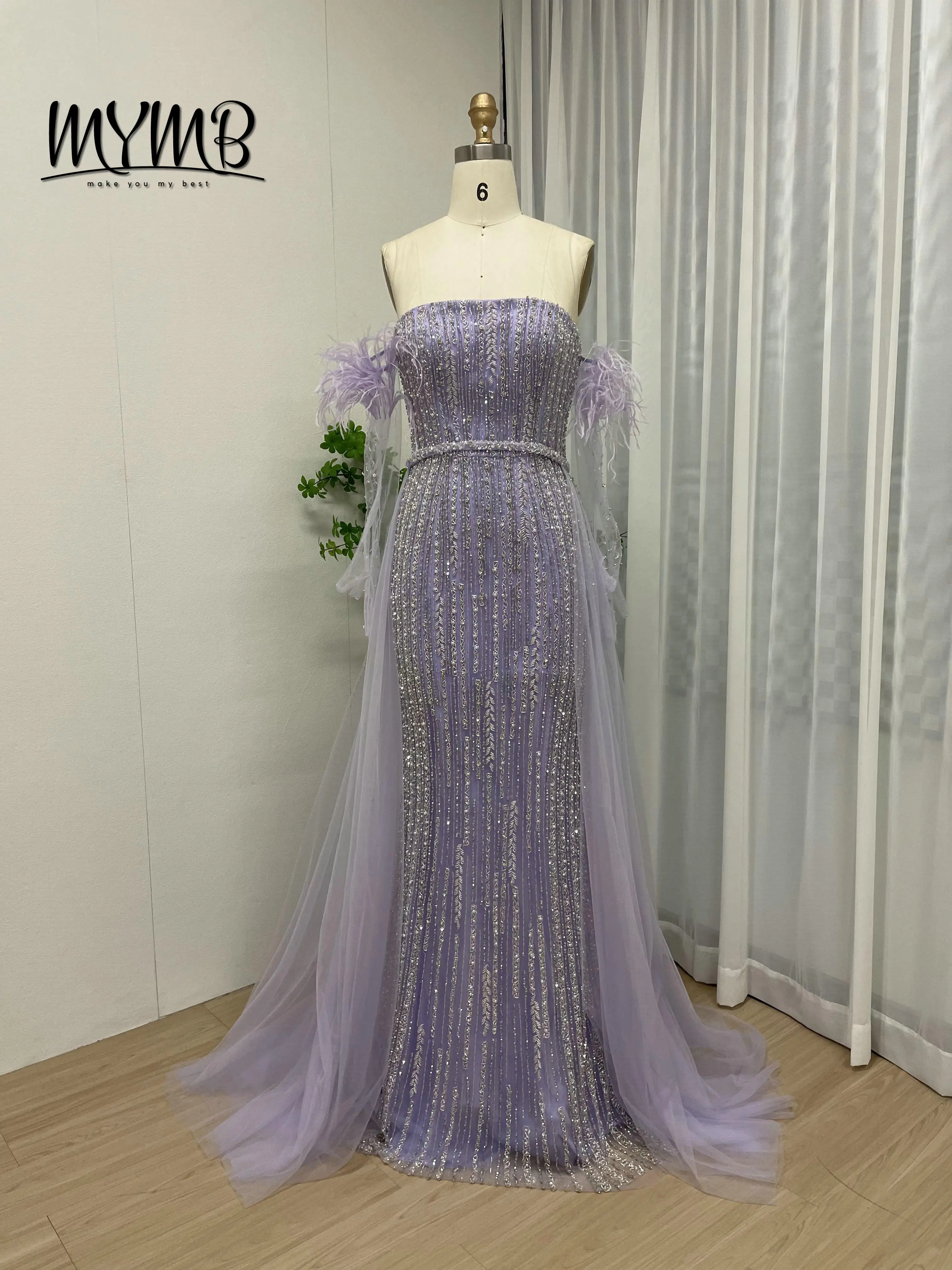 فستان سهرة فاخر أرجواني حورية البحر بدون أكتاف من MYMB مطرز بالريش مع قفازات لحفلات الزفاف للنساء الأنيقات MY30037