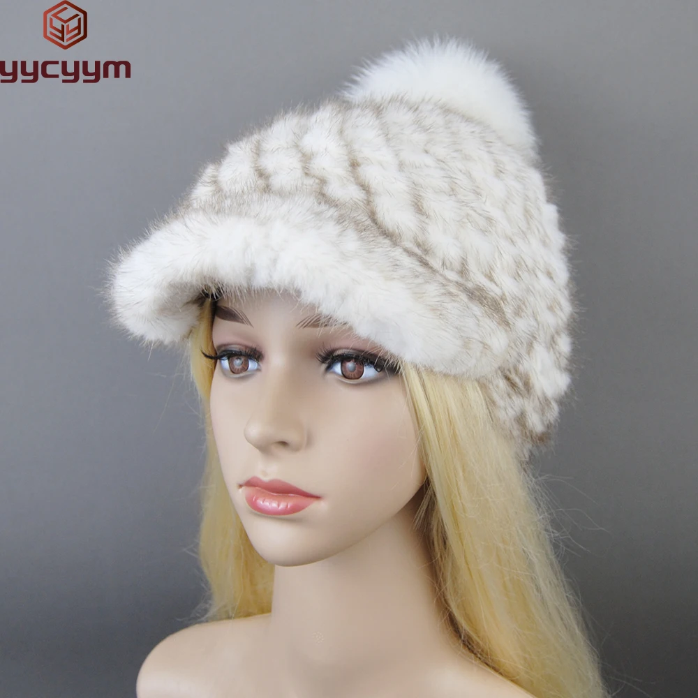 

New Women Fashion 100% Genuine Mink Fur Hats Russia Lady Winter Hand Knitted Real Mink Fur Hat Natural Warm Mink Fur Visors Cap