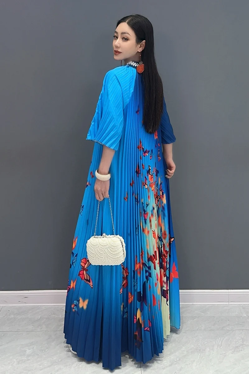 Vefadisa 2024 Summer New Blue Women Dress A-line Printed Dress With Large Hem Pleated Flare Sleeve Long Dress Elegant HLX416