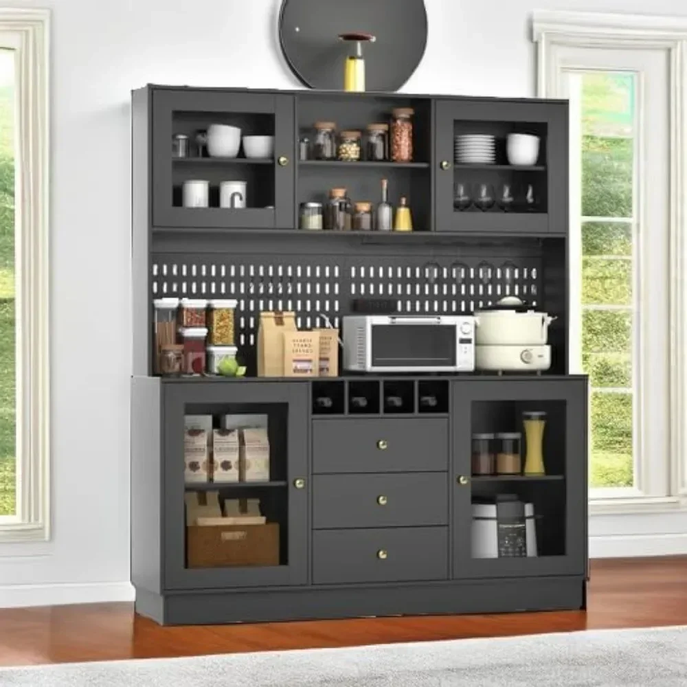 Kitchen Hutch Cabinet, Pantry Cabinet, Freestanding Buffet Hutch with Pegboard, Cup Holder, Power Outlet, 4 Doors & 3 Drawers