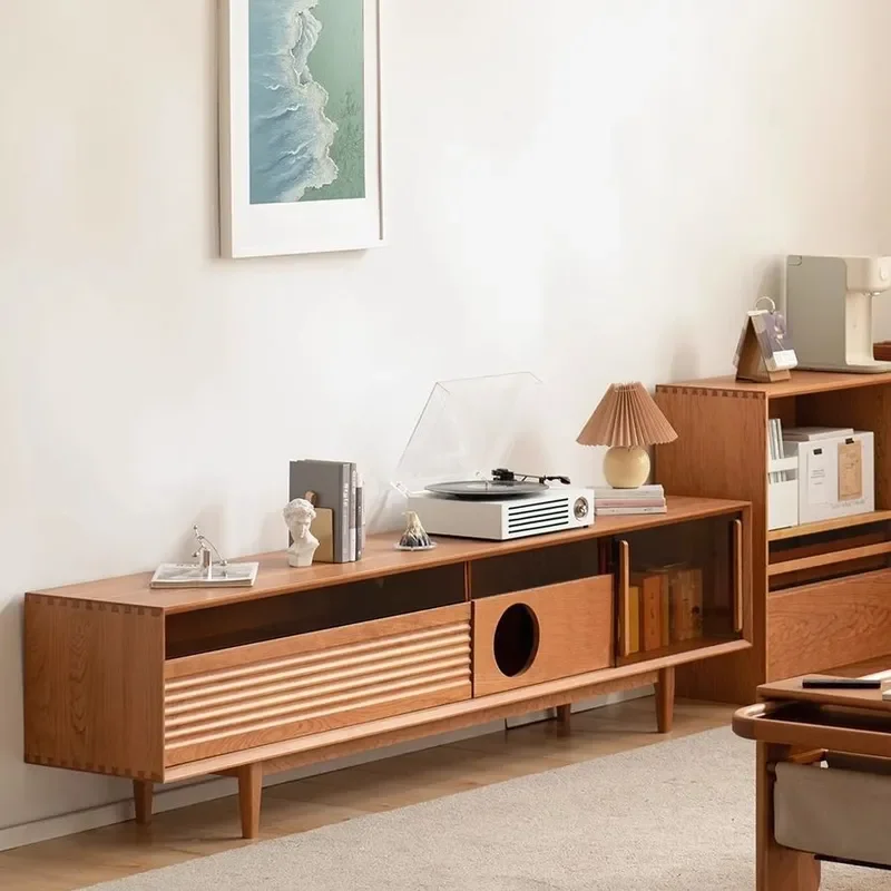 Nordic Cherry Wood TV Cabinet with Cat House Solid Wood Floor to Ceiling Glass Door Simple Japanese Style Human Cat Co-living