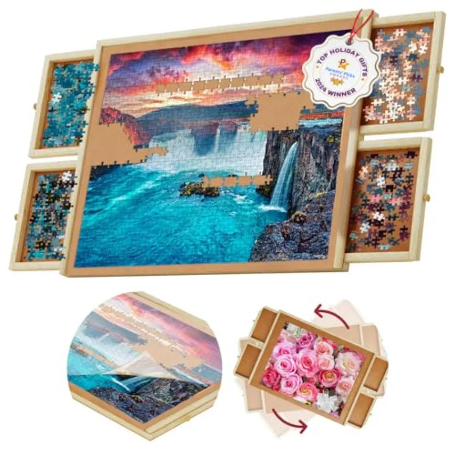 

1000 Piece Rotating Puzzle Board with Drawers and Cover - 4 Drawers, Wooden Jigsaw Puzzle Table 30" X 22" Jigsaw Puzzle Board -