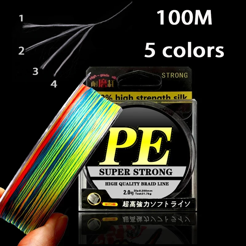 Senar pancing multifilamen 100M, tali pancing kepang 5 warna 4/8 pembagian, senar pancing PE untuk memancing di laut dan air asin