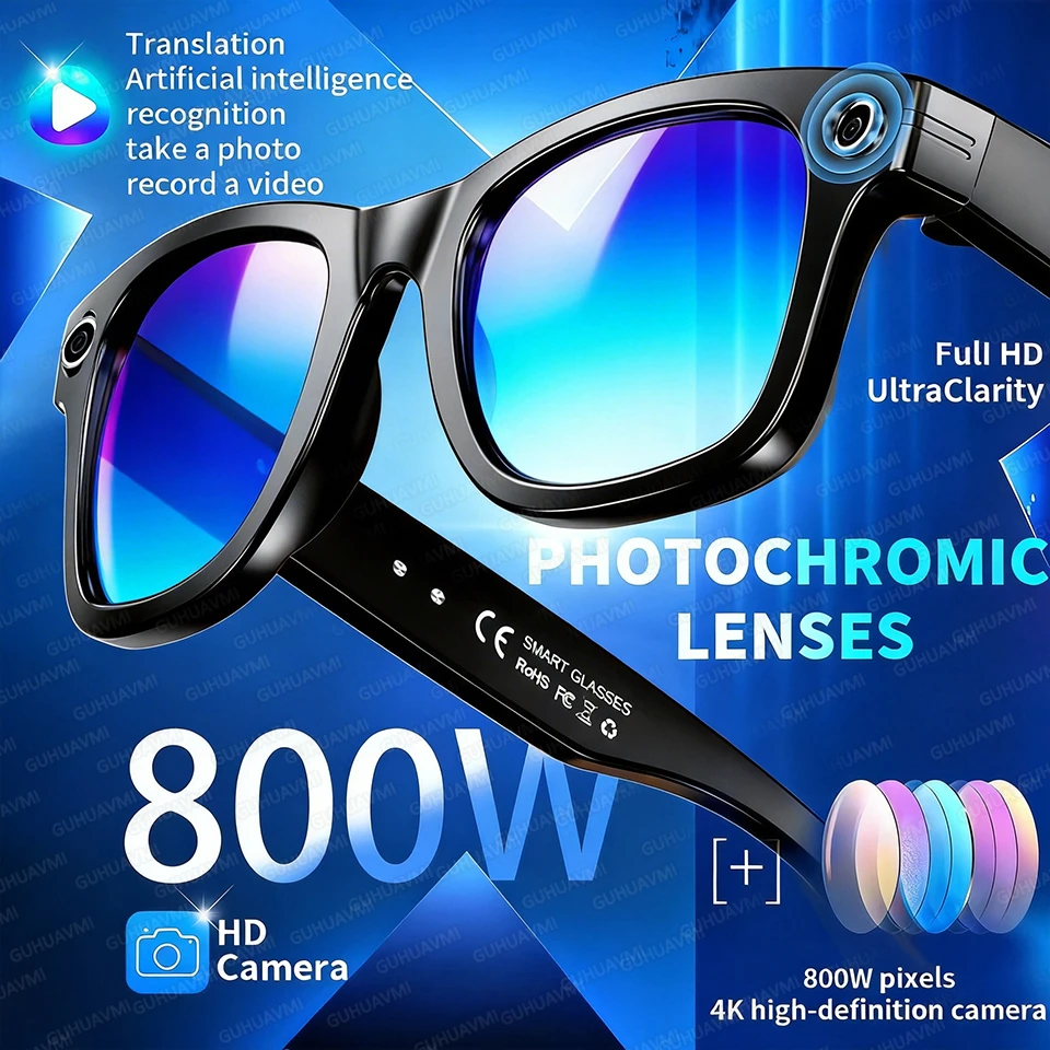 New 800W Camera AI Glasses Men Color-Changing Smart Translation Glasses Photo Video Recording Waterproof Call Smart Sunglasses