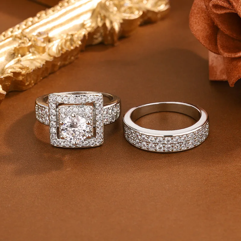 Square new in luxury shiny hollow out rings for women two-piece set fashion charms wedding ring banquet jewelry accessories