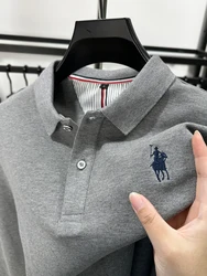 High-Quality Pure Cotton Spring and Autumn New Men's Business Casual Polo Shirt Embroidered Long-sleeved Bottom slit Slim Luxury