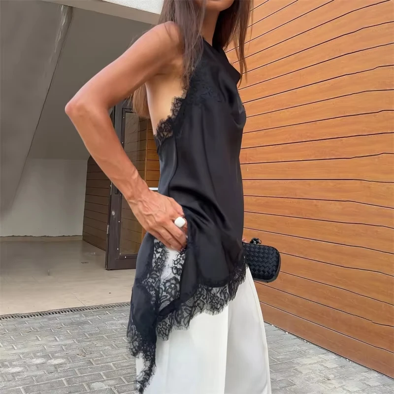 MUJER Schwarze Spitzenoberteile für Damen, asymmetrisches Neckholder-Damenoberteil, sexy rückenfreies Satin-Top, schulterfreies Leibchen-Top für Damen
