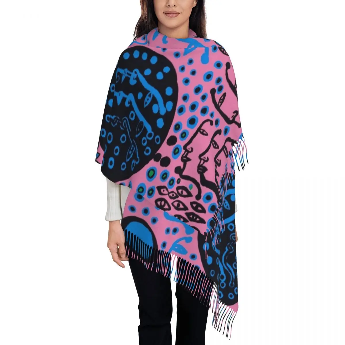 Womens Scarf with Tassel Yayoi Kusama Violet Single-sided Pattern Winter Warm Shawl Wrap Polka Pop Aesthetic Gift Cashmere Scarf