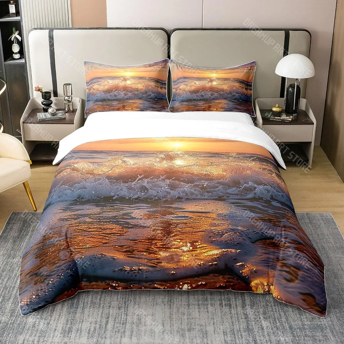 

Beach Theme Bedding Set King Queen Size Ocean Wave Sunset Duvet Cover Coastal Nautical Quilt Cover Sea Landscape Comforter Cover