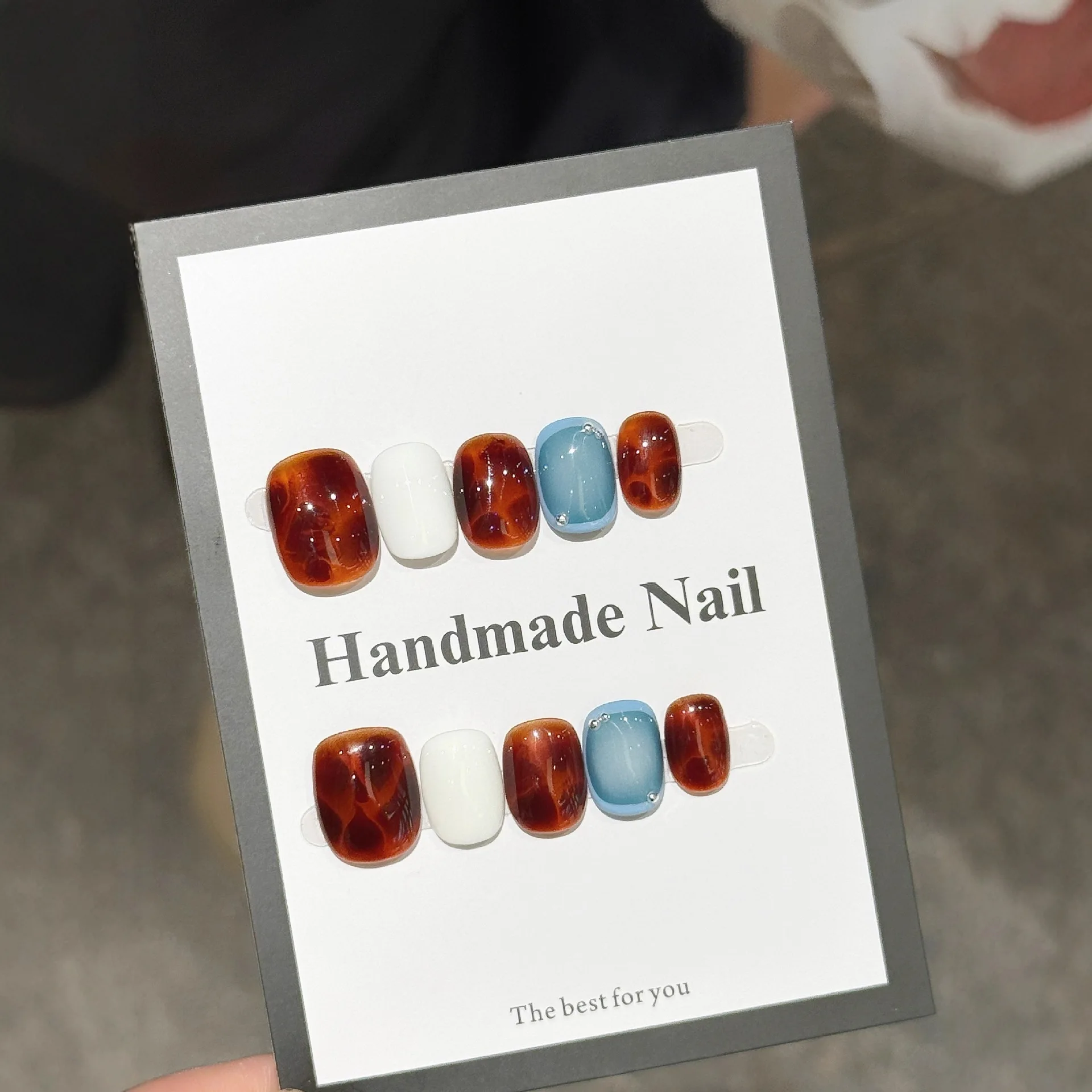 

10 шт., короткие квадратные круглые накладные ногти янтарного цвета, простые синие французские осенне-зимние накладные ногти ручной работы для девочек, съемные