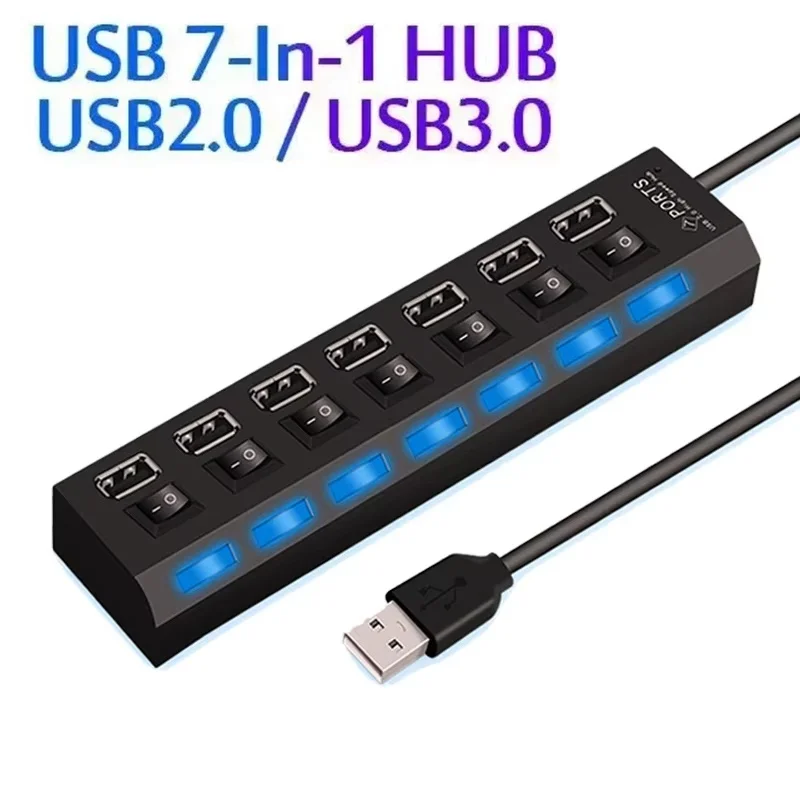 USB Splitter Multiple Extender With LED Lamp Switch High Speed 7 Ports USB HUB Adapter For PC Laptop MacBook Desktop Accessories