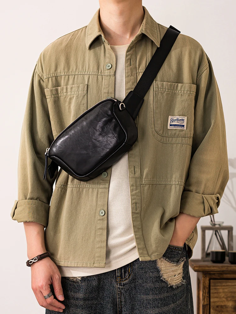 Fashion casual handmade vegetable tanned cowhide men's small chest bag outdoor sports genuine leather motorcycle crossbody bag