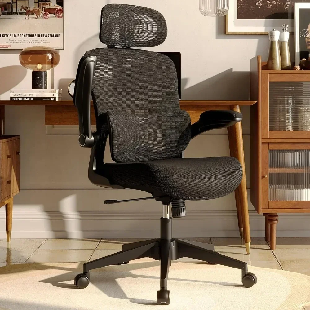 Ergonômico Mesh cadeira de escritório, encosto alto cadeira de mesa, apoio lombar ajustável, Flip-Up braços, roda giratória rolamento