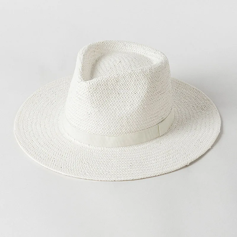 New Plain Band Panama Straw Hats for Women Summer Beach Hats Wide Brim Sun Hat Funeral Church Derby Fedora Cap UPF50+