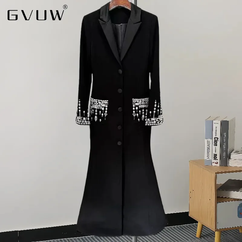 GVUW Beading Slim Long Dresses Women Notched Full Sleeve Gathered Waist A Line Solid Color Elegant Lady New 2024 Dress 17G8310