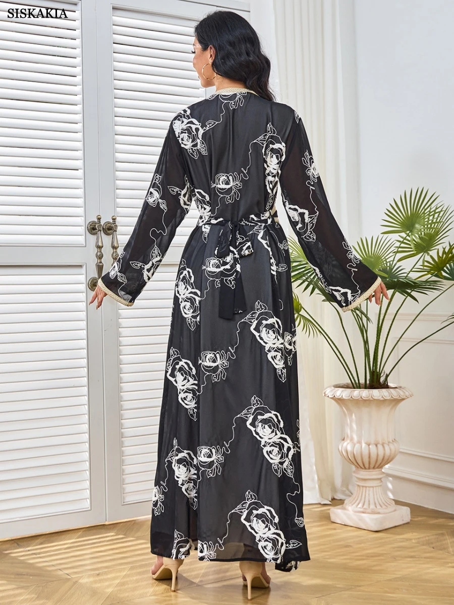 Siskakia Dubai Embroidery Long Abaya Muslim Mesh Sleeve Belted Kaftan Two-Piece Set Dress Belt included