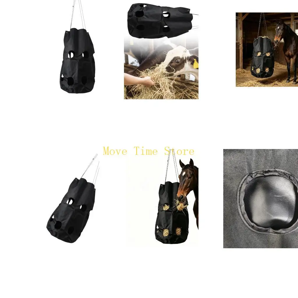 92ME Hanging Horse Feeder for Stalls and Barn Areas, Black Polyester Slow Feed Design with Reinforced Openings, 27.56 X 15.75 In