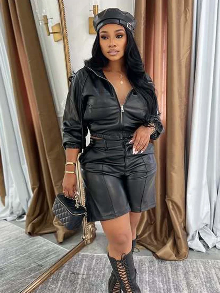 

Leosoxs Smooth Hipster 2-Piece Set Women Tracksuit Fall Zip Hooded Jacket+Shorts Matching Activity Simple Streetwear Outfits