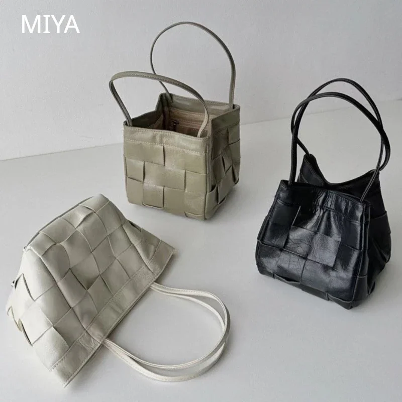 Bucket Bags New Texture Cowhide Woven Bags Portable Vegetable Basket Bag Messenger Small Bag High-grade Leather Female Handbag