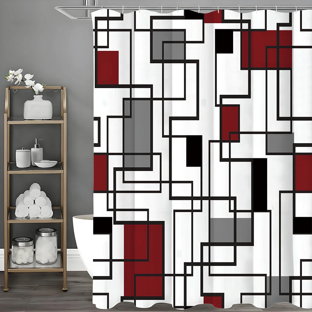 

Modern Geometric Square Red Gray Black Shower Curtain, Bathroom Decorative Shower Curtain, Waterproof Shower Curtain with Hooks