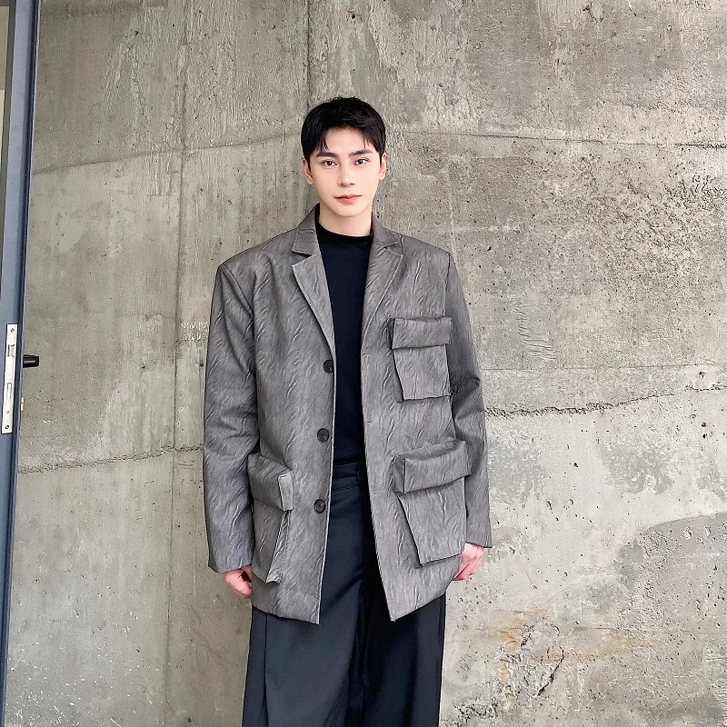 

Vintage Gentleman's Leather Jacket with Multiple Pockets And Pleated Striped Outerwear for Men Casual Style Autumn Fashion