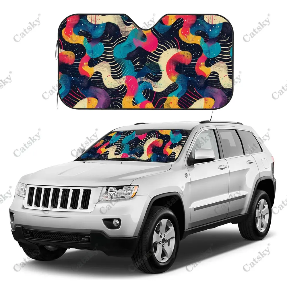 Colorful Ripple Trippy Pattern Car Windshield Sunshade,Auto Accessories Front Windshield Sun Visor Blocks Uv Rays Protect Decor