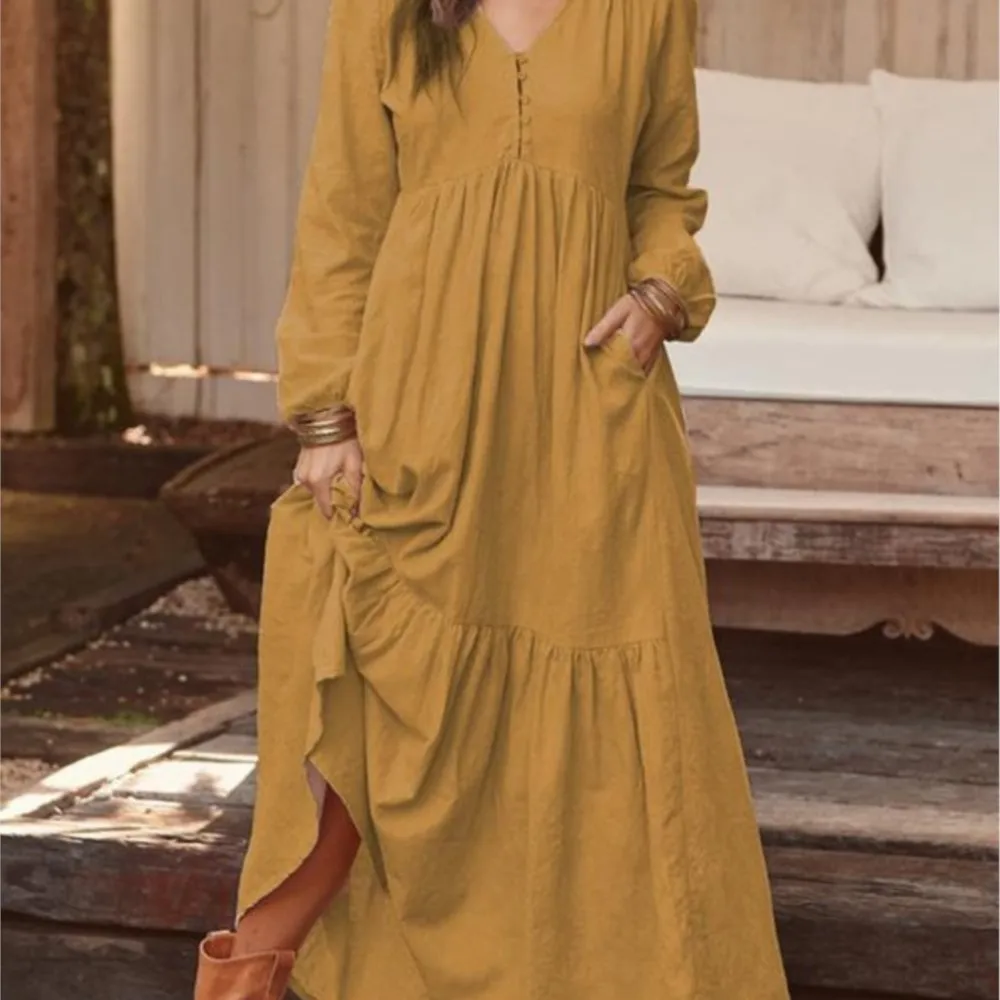 

2025 Spring And Autumn Women's Loose Casual And Fashionable V-neck Long-sleeved Dress Elegant Commuter Solid Color Party Dress