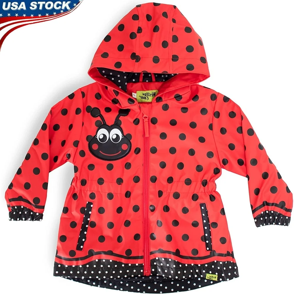 

Kids Raincoat Lightweight Ladybug Polka Dot Hooded Waterproof Jacket with Pocket 3D Details Zipper Button Closure Outdoor Play