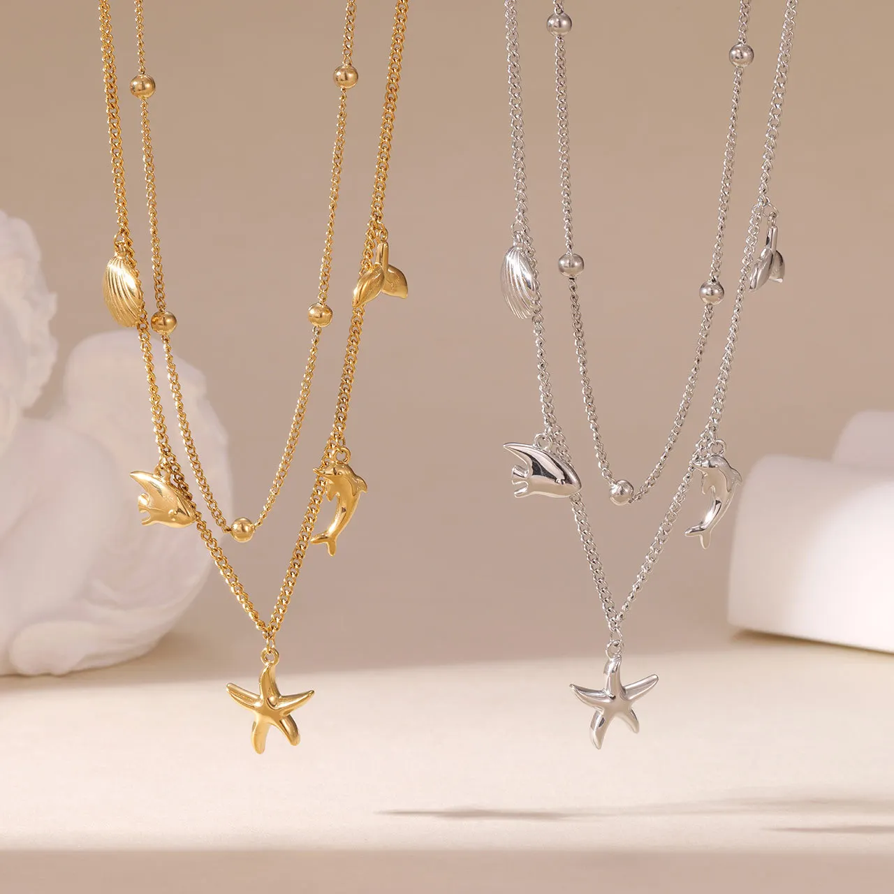 

18K Gold Plated Ocean Style Layered Necklaces for Women Stainless Steel Bead Chain Fashion Jewelry Non Tranish