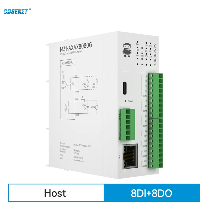 8DI+8DO Remote IO Module RS485 Ethernet RJ45 CDSENET M31-AXAX8080G Analog Switch Acquisition Modbus TCP RTU Firmware Upgrade