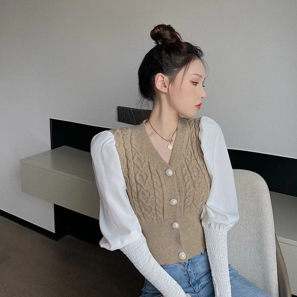 New Trend Sexy Autumn All-match Fashion Puff Sleeve Puff Sleeve Knitting Coat Female Fashionable Buttons Patchwork Trend Top Tee