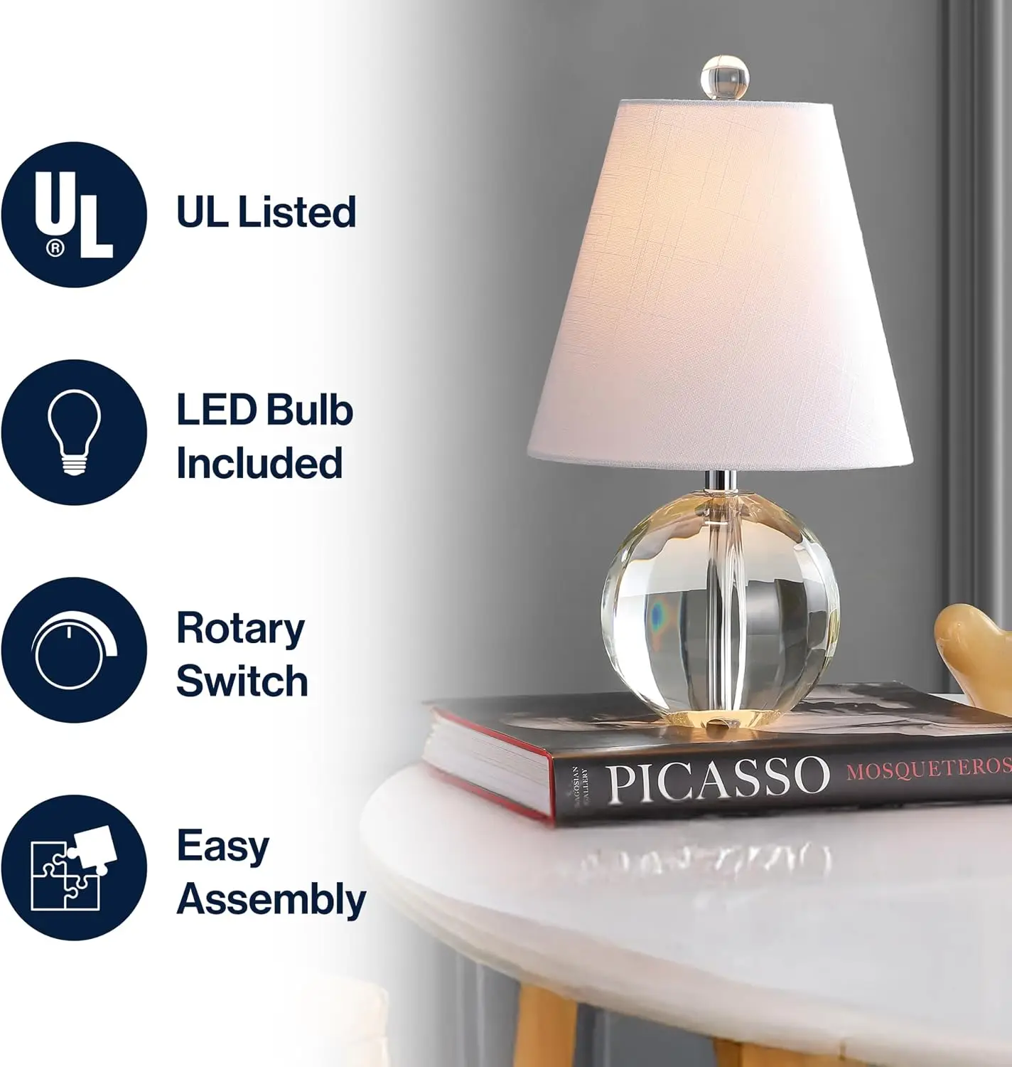 16" Clear Crystal Ball LED Table Lamp, White Modern Bedside Lamp with White Linen Shade, Glam Nightstand Light for Living Room, LED Bulb Included view 4