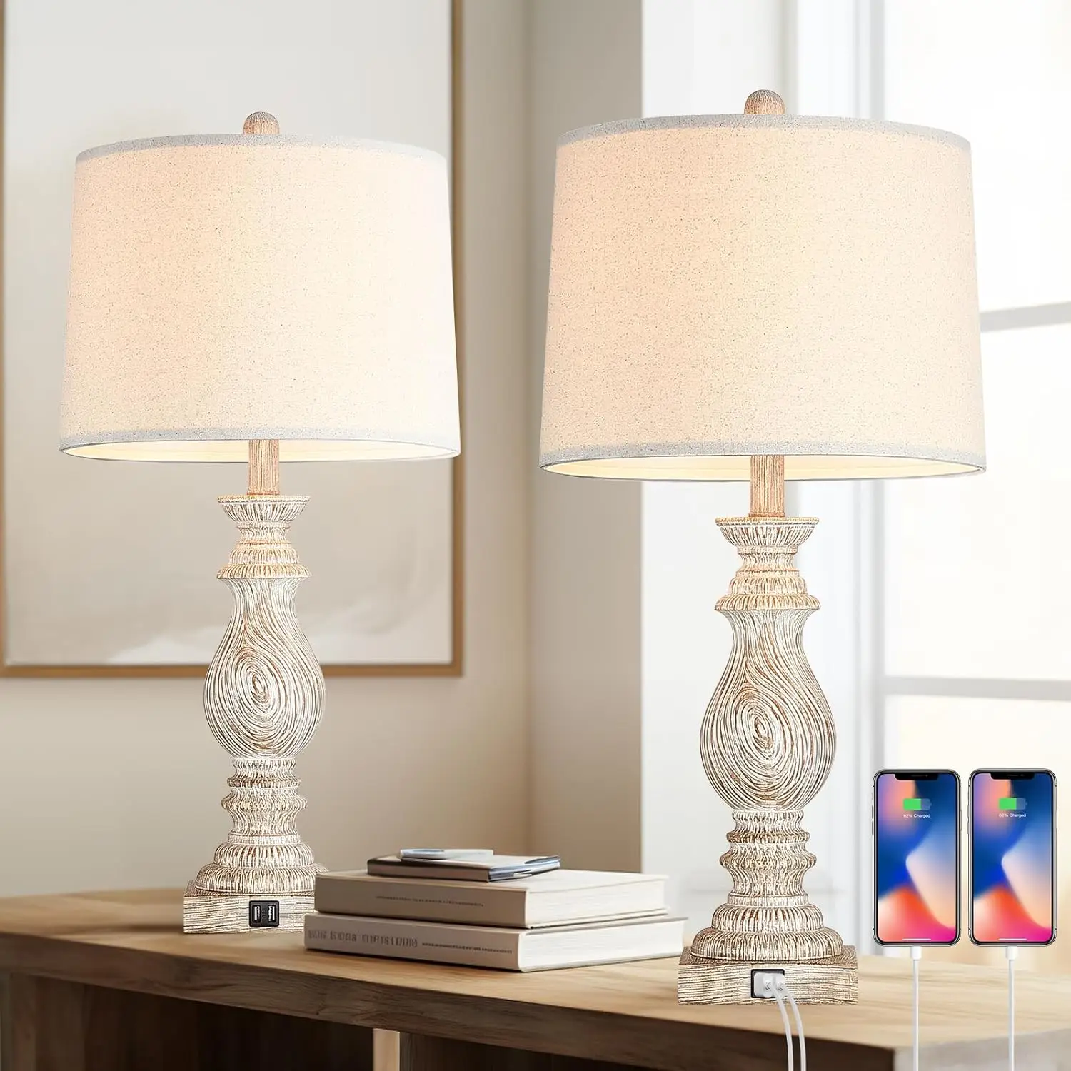 

26.3” Rustic Table Lamps Set Of 2 For Living Room Bedroom Beside Lamps With Usb Charging Ports,Vintage Nightstand Lamp