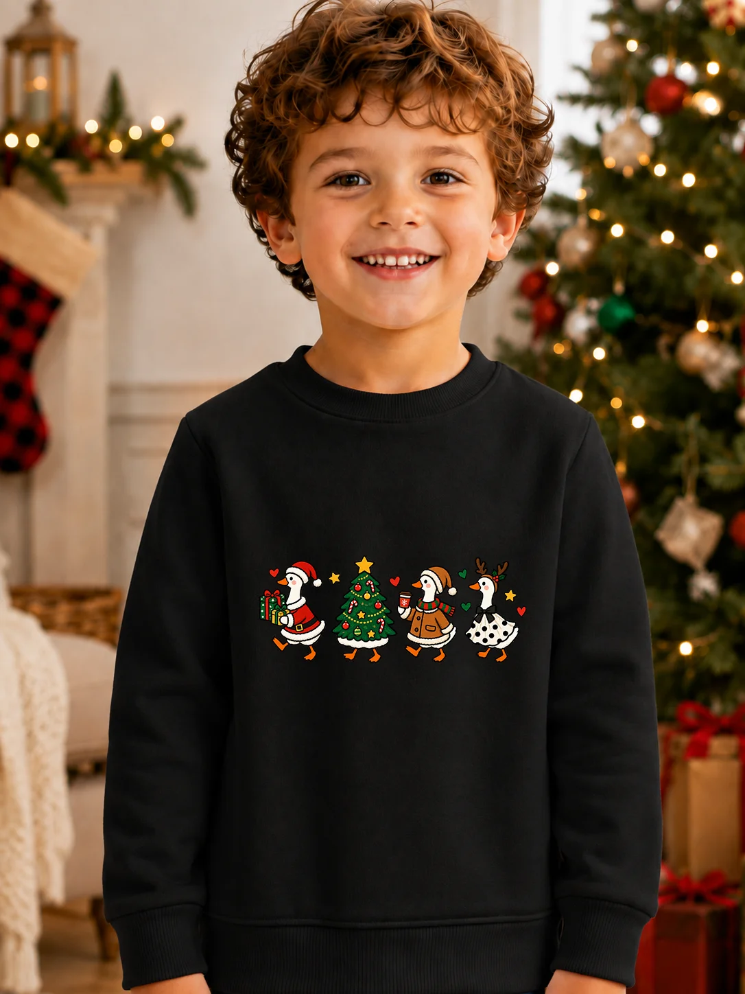Christmas Kids Crew Neck Sweatshirt Cute Santa Duck Parade Print Boys Long Sleeve Pullover Toddler Holiday Clothes