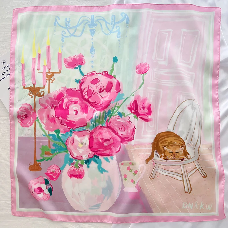 

70cm 2023 New Design Luxury Brand Striped Plaid Scarf Women Twill Silk Scarf Small Square Scarves Headband Hijab Handkerchif
