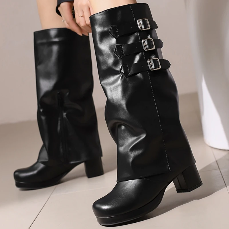 

Women's Knee High Boots Sexy Turned-over Edge Winter Shoes Black White Pink Heeled Long Boot Ladies Party Shoes Large Size 45