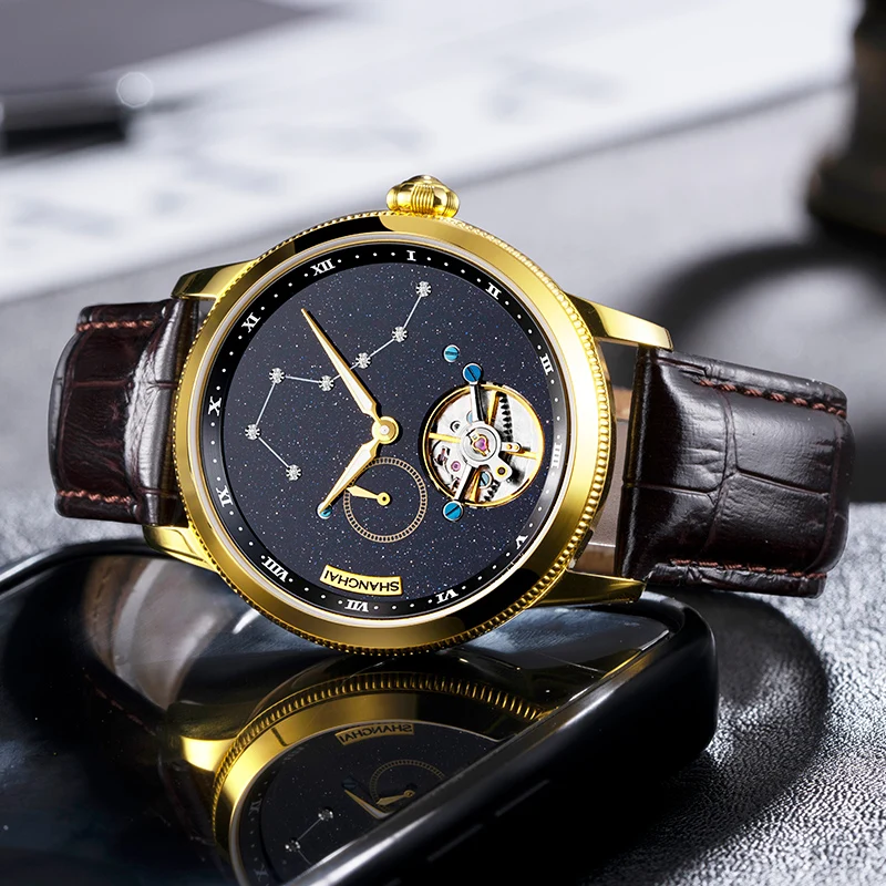 Reloj Tourbillon Shanghai, reloj mecánico para hombre, reloj mecánico de cuerda Manual, correa de cuero genuino, calendario, reloj de zafiro