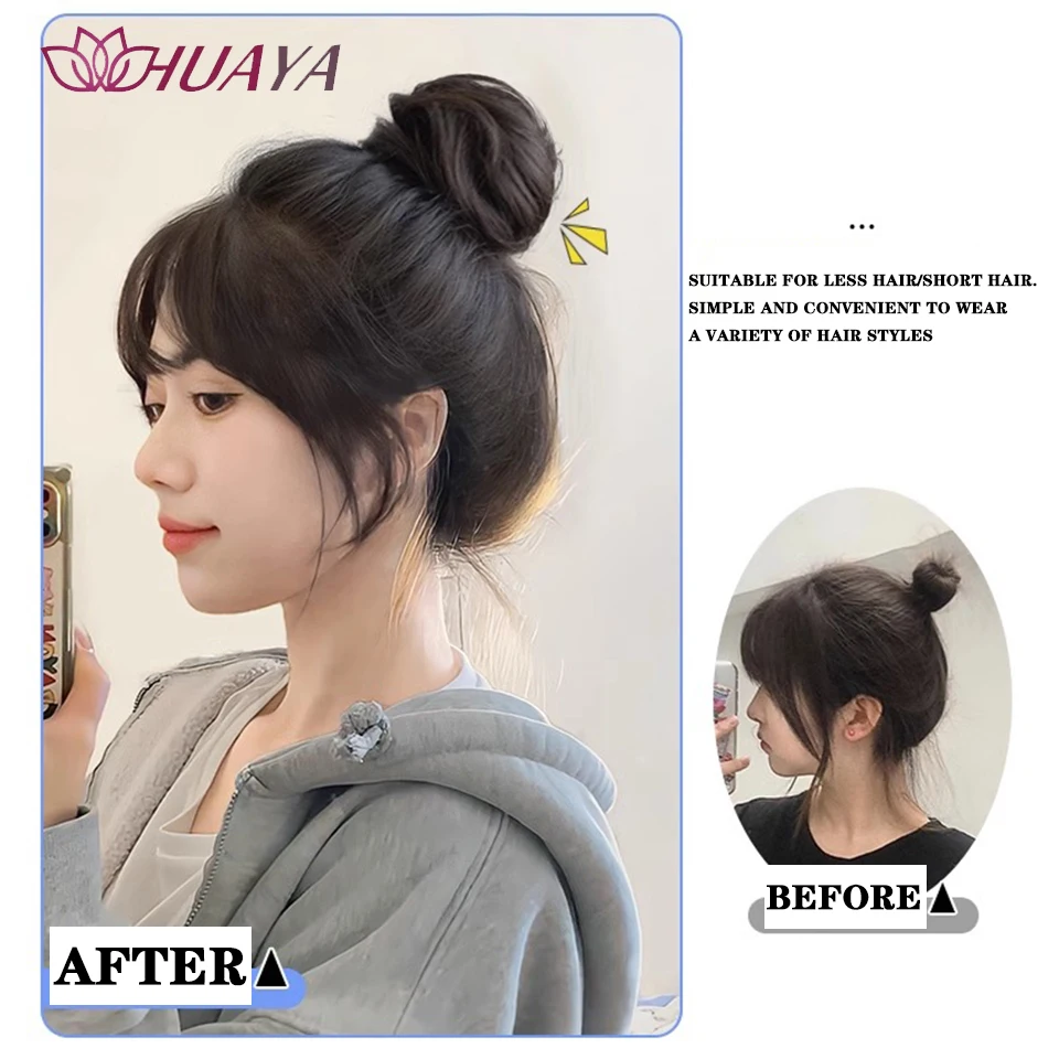 HUAYA Synthetic Hair Bun for Women Black Brown Straight Headdress Hair Ring Wig Fluffy Hair Chignon Rubber Band Winding Type