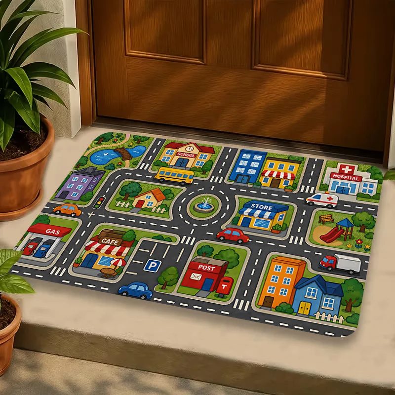 1pc 2D Flat Urban Road Traffic Game Entryway Area Rug, Non‑Slip Machine‑Washable Easy‑Clean Polyester Decor Floor Mat for Indoor